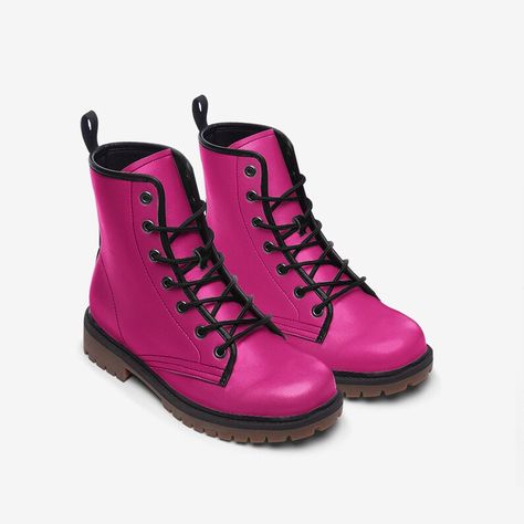 Hot pink boots for men or women. Barbie inspired, bright, boots. barbie outfits. barbie aesthetic Red Combat Boots, Pink Combat Boots, Boots Design, Purple Boots, Lightweight Boots, Vegan Leather Boots, Pink Boots, Boots Casual, Pink Shoes