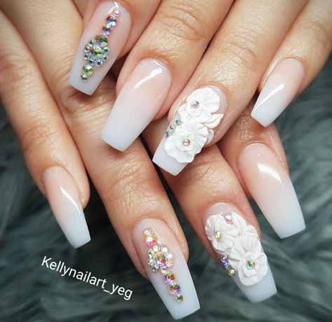 Tapered Square Nails. Ombre Nails. Nails With Rhinestones. 3D Flowers. Acrylic Nails. Flower Nails. Square Nails Ombre, Ombre Nail Diy, Nails With Rhinestones, Gel Nails French, Nails Flower, Tooth Gems, Tapered Square Nails, Flowers Acrylic, Nails Ombre