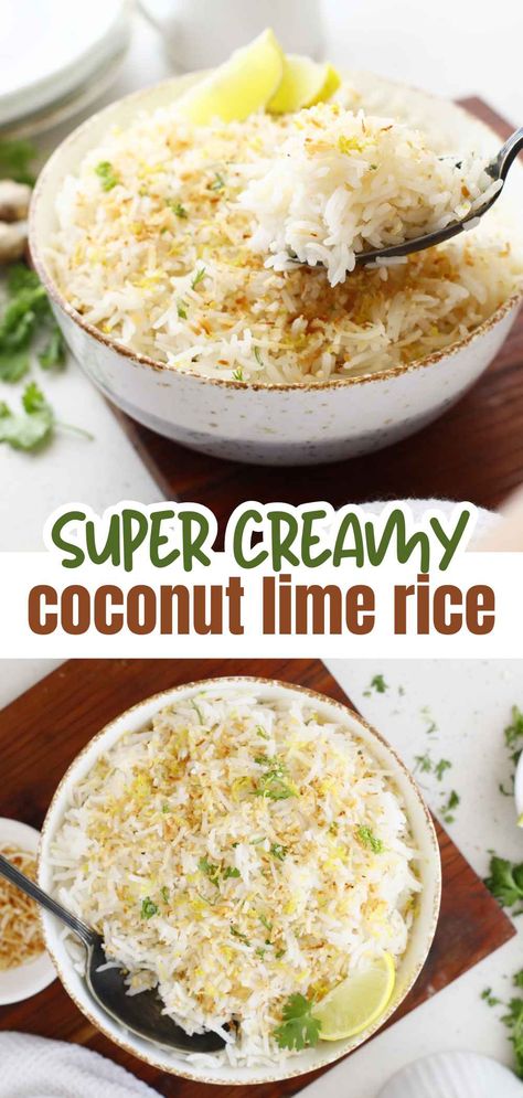 Coconut Lime Rice Cocunut Rice, Grits Dishes, Coconut Lime Rice Recipe, Coconut Lime Rice, Cilantro Lime Rice Recipe, Lime Rice Recipes, Coconut Rice Recipe, Chinese Chicken Recipes, Lime Rice