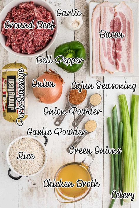 Ingredients laid out showing what is needed to make dirty rice, with text overlay. Breakfast Dirty Rice, Popeyes Dirty Rice Recipe, Chicken And Dirty Rice Recipe, Dirty Rice Recipe With Sausage, Seafood Dirty Rice, Recipe With Sausage, Cajun Dirty Rice, Dirty Rice Recipe, Dirty Rice