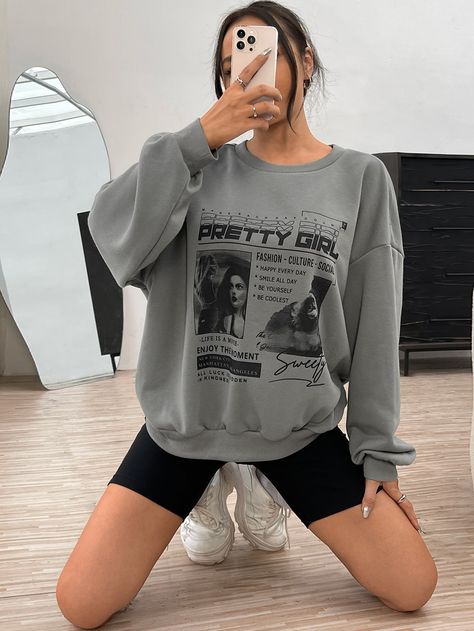 Grey Casual Collar Long Sleeve Knitted Fabric Figure,Slogan Pullovers Embellished Non-Stretch  Women Clothing Baggy Sweats Outfit, Gray Sweatshirt Outfit, E Girl Outfits, Drop Shoulder Sweatshirt, Outfit Invierno, Women Sweatshirts, Dropped Shoulder Sweatshirt, Street Style Edgy, Sweatshirt Set