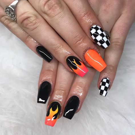 Fire Short Nails Designs, Fall Flame Nails, Hot Cheetos Nails, Monster Truck Nail Designs, Halloween Flame Nails, Car Show Nails, Nascar Nails Designs, Short Flame Nails, Hot Wheels Nails