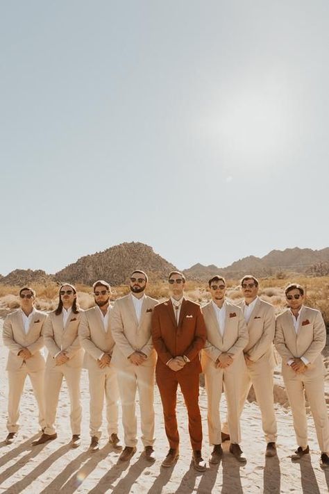 Terra Cotta Suit Wedding, Groomsmen Attire Copper, Desert Colors Wedding, Wedding Joshua Tree, Boho Terracotta Wedding Groomsmen, Groomsmen With Vest, Boho Tuxedo Wedding, Western Boho Groomsmen Attire, Rust Color Wedding Party