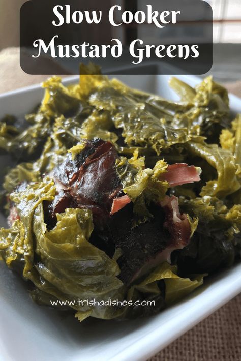 Slow Cooker Mustard Greens with Smoked Turkey Leg - Trisha Dishes Trisha Yearwood Thanksgiving Recipes, Canned Mustard Greens Recipe, Crockpot Mustard Greens, Slow Cooker Turnip Greens, How To Cook Mustard Greens, Mustard Greens Recipe Southern, Greens With Smoked Turkey, Mustard Greens Recipe, Greens Recipe Soul Food