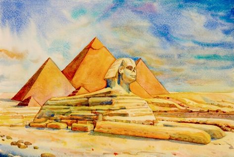 Egypt Illustration, Paper Pyramid, Watercolor Painting Landscape, Mosaic Painting, Cloud Background, The Great Pyramid, Giza Egypt, Great Pyramid, The Sphinx