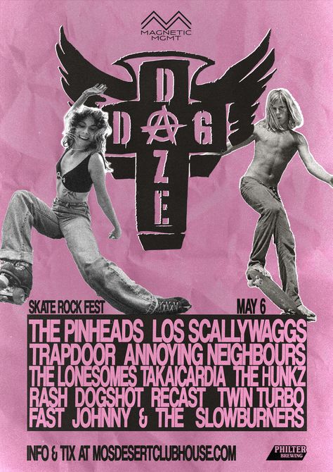 A punk pink background with a scrunched paper textured overlay, a grunge christian cross logo with angel wings with the event name Dog Daze written across & down, using the Anarchy symbol to cross over the O and A of each word. With a black and white image of a 70s style roller skate girl on the left, and a 70s style shirtless blonde grom skater on the right cut out like a magazine scrapbook. Using an off black to outline the lineup which includes local Australian punk rock bands. Rock Festival Poster, Vintage Nirvana, Rock Fest, Rock Festival, A Punk, Rock Festivals, Gold Coast Australia, Festival Poster, Festival Posters