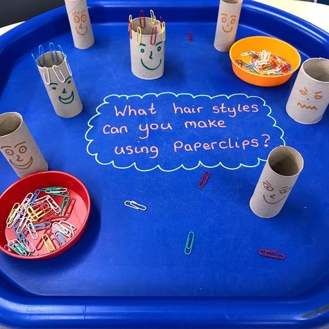 Tuff Tray Obsessed on Instagram: "What hairstyles can you make using paperclips? 🖇 Thank you for the inspiration @reception_eyfs_teacher #tufftray #tufftrayideas #tufftrayactivities #tufftrayobsessed #eyfs #ps1 #finemotorskills #finemotor #colour #crafts #paper #art #children #kids #teach #play #learn #sharingideas #preschool #school #classroom #childrensactivities #happy #fun #continuousprovision" Writing Activities Eyfs, Fine Motor Activities Eyfs, Eyfs Tuff Tray Ideas, Eyfs Provision, Tuff Tray Ideas Toddlers, Hungry Caterpillar Craft, Daycare Curriculum, Reception Classroom, Eyfs Ideas