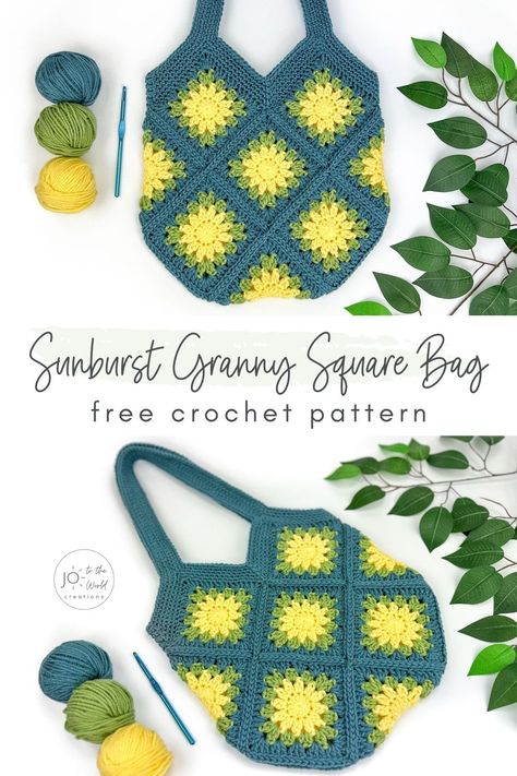 Sunburst Granny Square Bag - Free Crochet Pattern | Jo to the World Creations Crocheted Tote Bags Free Pattern, Sunburst Granny Square Bag, Granny Square Bag Crochet Pattern, Square Bag Crochet Pattern, Crocheted Handbags, Crochet Granny Square Tote Bag, Granny Square Bag Crochet, Square Bag Crochet, Granny Square Pattern Free