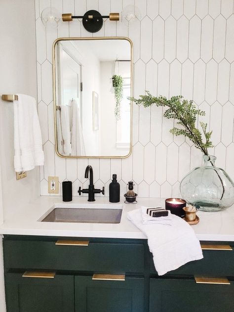 Dark green vanity with tiled wall backsplash and black and gold hardware. #bathroomdesign #bathroomideas #bathroomvanity #tiledwall #bathroomrenovation Green Bathroom Vanity, Dark Green Bathrooms, Tiled Wall, Green Vanity, Gold Fixtures, Home Luxury, Gold Bathroom, Upstairs Bathrooms, Bathroom Redo