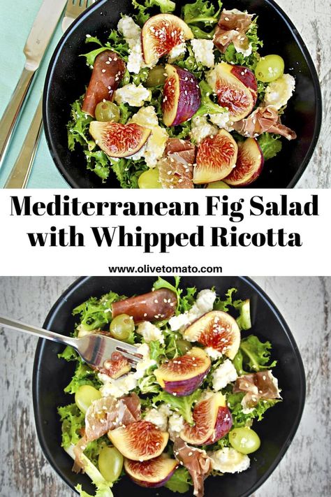 Mediterranean Fresh Fig and Greens Salad with Whipped Ricotta Ricotta Salad Recipes, Ricotta Salad, Fresh Fig Salad, Fig Feta Salad, Fig And Goat Cheese Salad, Salads With Fresh Figs, Salad With Dried Figs, Hearty Salad Recipes, Fig Salad