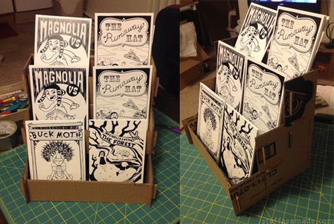 stuff AEA made! - DIY Display! - DIY Display! Print Stand Display, Card Display Stand Diy, How To Make A Display Stand, Diy Print Display Stand, Zine Fair Display, Diy Art Print Display, Artist Alley Display Diy, Diy Print Display, Artist Alley Print Display