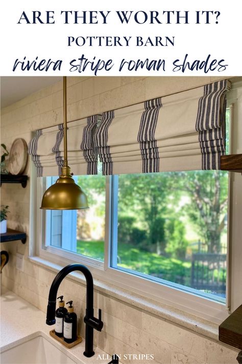 Pottery Barn Riviera Stripe Roman Shades Review Navy Roman Shades, Pottery Barn Roman Shades, Roman Shades Bathroom, Coastal Window Treatments, Kitchen Roman Shades, Beach Cottage Kitchen, Linen Roman Shades, Blackout Roman Shades, Cordless Roman Shades