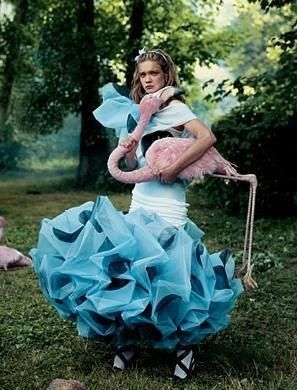 from Vogue.  Also the inspiration for my halloween costume in 2009.  because carrying a 6 foot flamingo around NYC is really convenient. Annie Leibovitz Photography, Mert And Marcus, Natalia Vodianova, Annie Leibovitz, Mario Testino, Vogue Us, Dior Couture, Lewis Carroll, Ideas Party