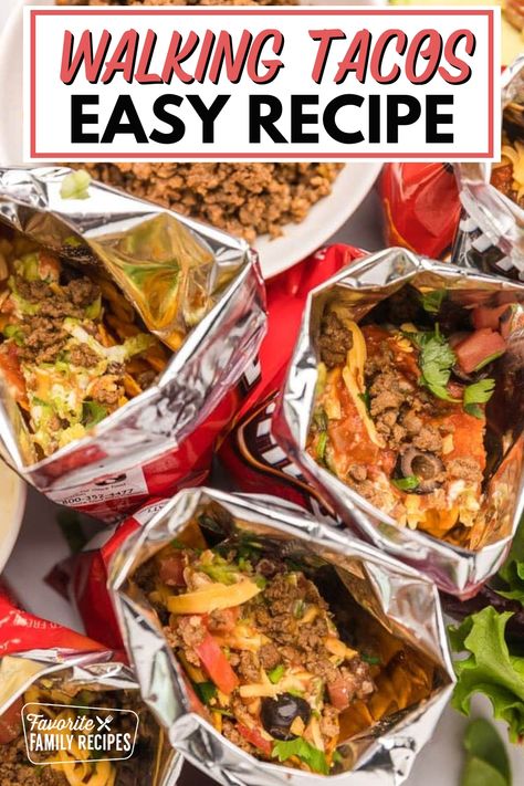 This Walking Tacos recipe is the best meal for camping, reunions, and block parties. Honestly, it’s not as much of a “recipe” as it is an awesome idea that we love. Plus, walking tacos are cheap and tasty, with the easiest clean-up ever because there are no plates required! Walking Tacos Recipe, Easy Lunch Box Recipes, Walking Tacos, Weekend Meals, Easy Brunch, Savory Appetizer, Yummy Lunches, Easy Lunches, Soup And Sandwich