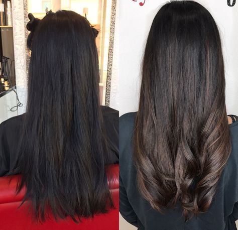 Sun kissed balayage on dark hair Sun Kissed Balayage Black Hair, Ombre Highlights For Black Hair, Sun Kissed Dark Brown Hair, Partial Balayage Black Hair, Rich Brown Balayage, Balayage On Dark Brown Hair, Sun Kissed Balayage, Coffee Brown Hair, Dark Brown Hair Balayage