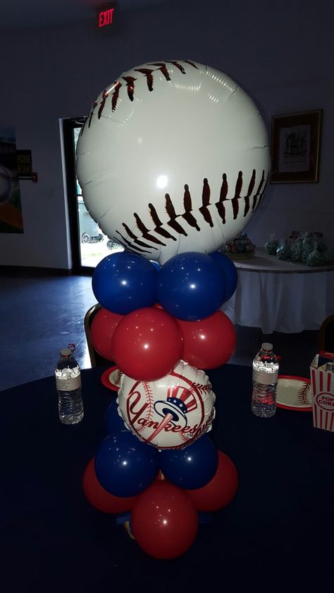 Baseball balloon centerpiece Baseball Balloon Centerpieces, Baseball Centerpiece Ideas, Yankees Birthday Party, Baseball Balloons, Baseball Banquet, Baseball Theme Birthday, Baseball Baby Shower Theme, Baseball First Birthday, Balloon Centerpiece