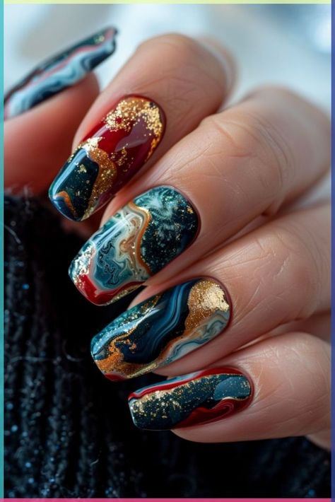 Earth Tone Gel Nails, December Manicure, Jewel Tone Nails, Geode Nail Art, Shark Nails, Foil Nail Designs, Heart Nail Designs, December Nails, Aesthetic Diy