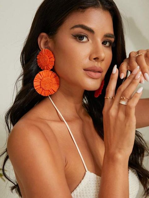 SHEIN VCAY Round Drop Earrings | SHEIN USA Orange Earrings Outfit, Earrings Outfit, Free People Jewelry, Boho Feathers, Spike Earrings, Rose Jewelry, Colorful Earrings, One Piece Bodysuit, Beach Accessories