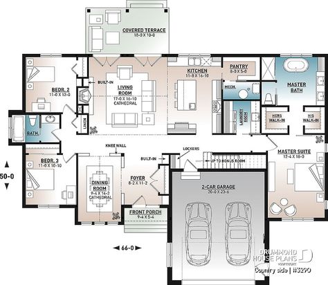 House plan 4 bedrooms, 2 bathrooms, garage, 3290 | Drummond House Plans Drummond House Plans, American House Plans, Split Bedroom, Open Concept Floor Plans, American Houses, Farmhouse Style House Plans, American House, Country House Plan, Farmhouse House