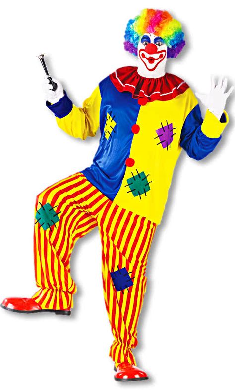 Pfiffikus der Clown XL  Dein Clown Kostüm mit dem schusseligen Clown Look  Der Clown Pfiffikus trägt sein Kostüm bereits etwas länger. Nein, er riecht nicht unangenehm, aber sein Kostüm scheint nur noch aus Flicken zu bestehen und wird von diesen zusammengehalten. Dazu hat Pfiffikus für dich eine besondere Farbkombination ausgewählt. Eine rot gelbe Baggy Hose und ein blau gelbes Hemd mit langen Ärmeln und aufgenähten roten Bommeln. Zum Abschluss kommt ein roter Kragen mit weißen Streifen darüber Es Der Clown, Ronald Mcdonald, Plus Size, Fictional Characters, Art