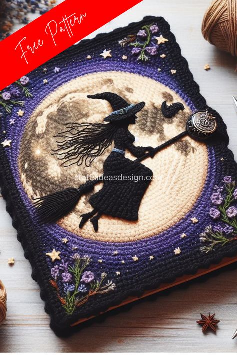 Discover "Flying Witch on Full Moon Night," a charming crochet piece depicting a mystical nighttime scene with stunning detail. Spooky Crochet Squares, Crochet Halloween Squares, Witchy Crochet Blanket, Vintage Halloween Crochet, Pagan Crochet Patterns Free, Witchy Crochet Ideas, Witchy Crochet Patterns Free, Crochet Witchy Stuff, Witchy Crochet Patterns