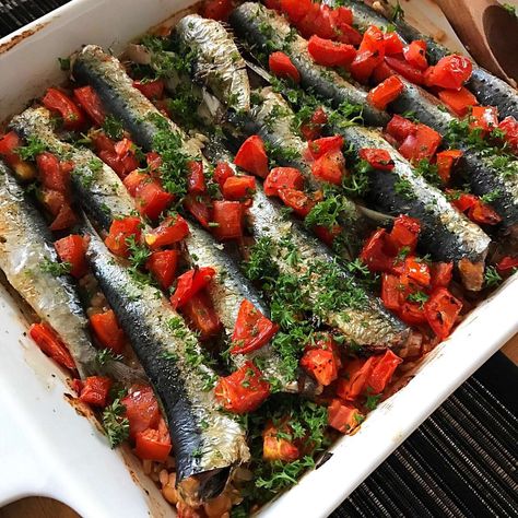 Baked Sardines with Mediterranean Rice | Manettas Seafood | Sardine Recipes Baked Sardines, Mediterranean Rice Recipe, Mediterranean Rice, Grilled Sardines, Sardine Recipes, Trout Recipes, Seafood Recipes Healthy, Baked Tomatoes, Fish Salad