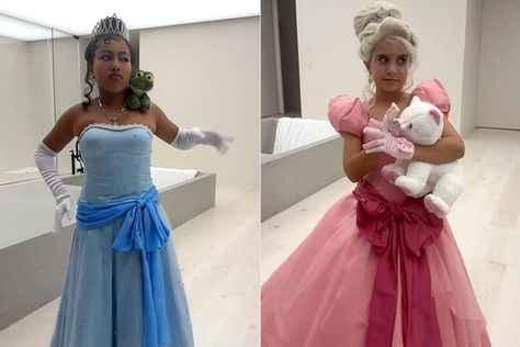 Charolette Princess And The Frog Costume, Charlotte Princess And The Frog Halloween Costume, Princess Tiana And Lottie Costume, Princess And The Frog Halloween, Penelope Disick And North West, Princess And The Frog Lottie Dress, Kim Kardashian Highlights, Frog Halloween, Yellow Plaid Skirt