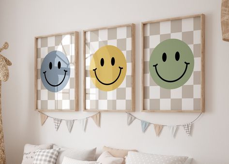 Smiley Face Room, Retro Boy Nursery, Smiley Face Nursery, Checker Nursery, Checkered Theme Nursery, Checkered Baby Nursery, Blue Checkered Nursery, Retro Nursery, Boy Nursery Artwork