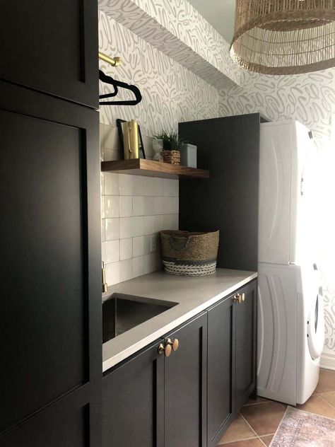 Laundry Room Black Cabinets, Square Tile Backsplash, Grey And White Wallpaper, Black Cabinets, Square Tile, Types Of Flooring, White Wallpaper, Wooden Shelves, Tile Backsplash