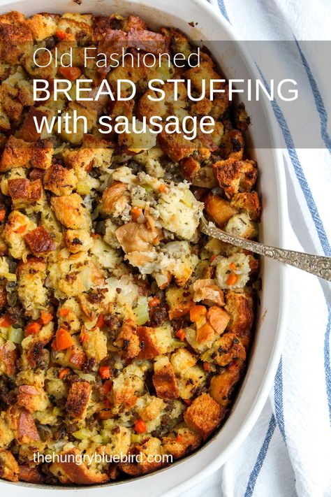 Traditional bread stuffing with sausage, just like my dad's ~ almost.  A favorite and must have on my Thanksgiving table. Bread Stuffing With Sausage, Stuffing Apple, Stuffing With Sausage, Apple Stuffing, Sausage Cornbread Stuffing, Sausage Stuffing Recipe, Bread Stuffing, Sausage Stuffing, Sage Sausage