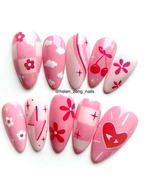 Pink Nails With Drawings, Pink Heart Nail Art, Pink Cartoon Nails, Nail Art Pink, Pink Japanese Nail Art, Pink Heart Press On Nails, Cute Pink Nails, Diy Nail Art, Fake Nails Designs