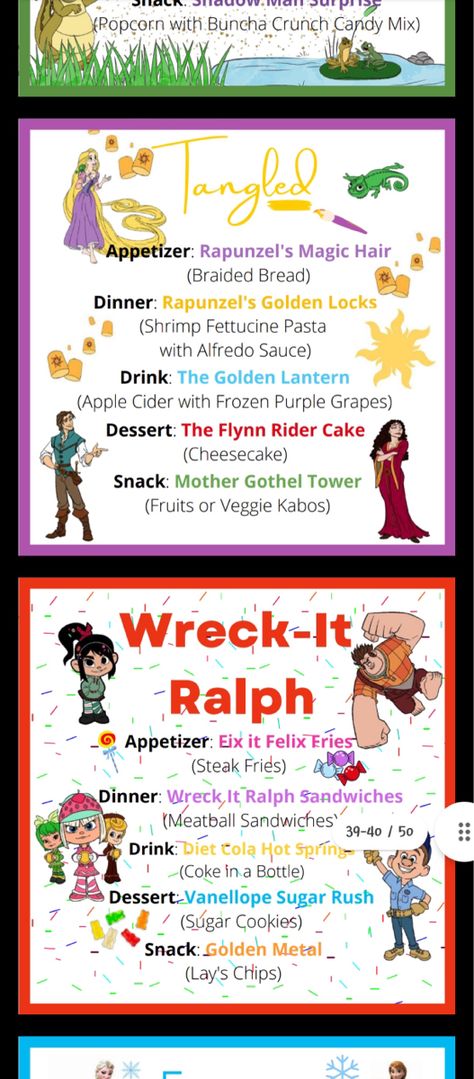 Wreck It Ralph Movie Night Food, Goofy Movie Themed Food, Dinners Based On Movies, Movie Night Meal Ideas, Disney Themed Meals Dinners, Disney Meal Ideas, Disney Themed Potluck, Disney Movie Night Theme Food, Disney Movie Dinner Theme