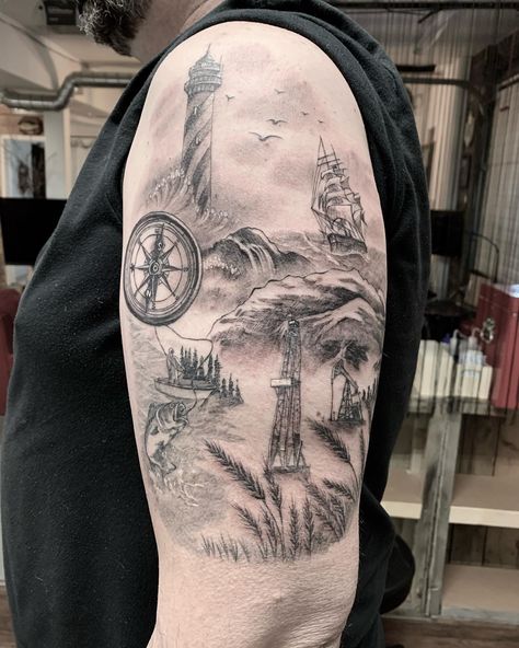 Check out this incredible black and grey realistic arm tattoo of three Canadian Provinces; Alberta, Saskatchewan and Nova Scotia all in one done by @jenskinart! You can see a lighthouse, compass, mountains, fish, boat and ship, wheat and oil pump jacks to represent each province! Nova Scotia Tattoo, Saskatchewan Tattoo, Mama Tried, Lighthouse Tattoo, Nautical Tattoo, S Tattoo, Best Tattoo, Tattoo Stencils, Hidden Gem