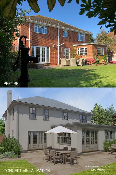 70s House Renovation Exterior, 1930s House Renovation Before And After, External House Colour Schemes, Bungalow Renovation Exterior, Garage Conversion Exterior Ideas, 1990s House Exterior, 70s Windows, Pebbledash Makeover, Rear Extension Ideas 1930s House