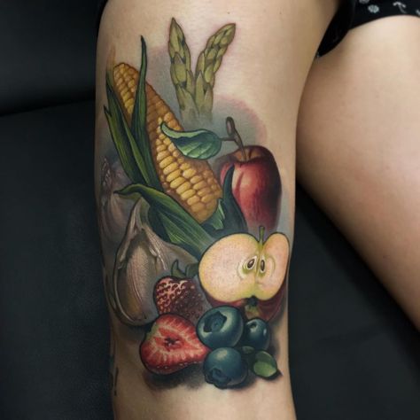 fruits and vegetables color new school tattoo by famous American tattoo artist Timmy B Fruit Tattoo Black And White, Vegetable Tattoo, Baking Tattoo, Culinary Tattoos, Chef Tattoo, Mario Tattoo, Tattoo Black And White, Fruit Tattoo, Food Tattoos