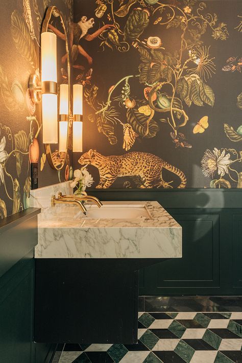 Animal Wallpaper Powder Room, Funky Washrooms, Exotic Bathroom Wallpaper, Funky Wallpaper Powder Room, Eccentric Powder Room, Jungle Bathroom Wallpaper, Crazy Bathroom Ideas Fun, Funky Powder Room Wallpaper, Leopard Wallpaper Bathroom