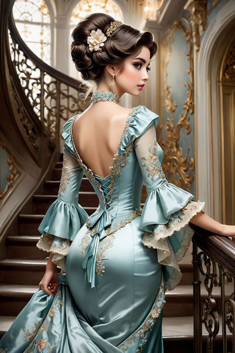 Elegant Vintage Dresses Victorian Gowns, Victorian Woman Aesthetic, Regal Poses, Classical Art Paintings, Victorian Dress Aesthetic, Baroque Background, Dresses For Dolls, Walking Up Stairs, Elegant Vintage Dresses