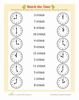 Connections. CC: 1.MD.3. This is an activity sheet on which students match analog time to it's written counterpart. This is best for use with students at the representational level with this concept. You will need the activity sheet and pencils. Math Clock, Clock Worksheets, Telling Time Worksheets, First Grade Math Worksheets, Time To The Hour, First Grade Worksheets, Time Worksheets, Math Time, Learning Time