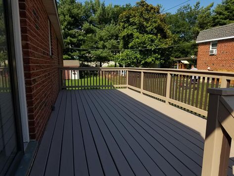 two toned deck with a brick house.  Benjamin Moore mesa verde tan and cordovan brown solid stain Two Toned Deck, Solid Stain, Brick House, Benjamin Moore, Decks, Stain, Outdoor Decor, Home Decor, Home Décor