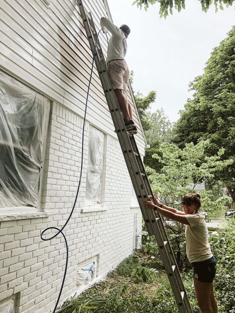 HOW TO PAINT YOUR EXTERIOR IN A WEEKEND 2 White House Black Porch, Paint Brick White, Brick Curb Appeal, Brick Paint Exterior, How To Paint Brick, Painting Brick Exterior, Curb Appeal Porch, Black Porch, Paint Brick