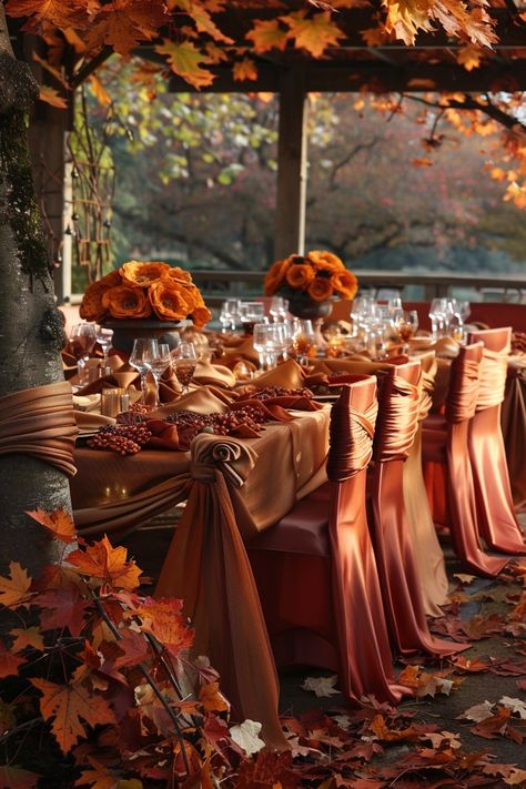 Discover how to bring autumn's embrace to your wedding with cozy chair covers and sashes. Let the essence of fall enhance your tables with leaves and harvest beauty 🍂✨. #AutumnWedding #WeddingDecor #FallLeaves #HarvestTheme #ChairSashes #WeddingIdeas #CozyDecor #SeasonalWedding Autumn Wedding Decor, Harvest Wedding, Main Table, Cozy Chair, Autumn Table, Chair Sashes, Wedding Palette, Fall Theme, Blue Chair