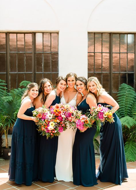 Colorful SoFa district San Jose Wedding by Cheers Babe Photo Navy Bridesmaid Dress Colorful Flowers, Navy And Colorful Wedding, Blue And Pink Summer Wedding, Navy Blue And Pink Bridesmaid Dresses, Navy Wedding Bridesmaid Dresses, Mixed Navy Bridesmaid Dresses, Navy Bridesmaid Dresses With Groomsmen, Bridesmaid Dresses With Bright Flowers, Navy Blue Summer Wedding