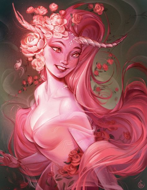 Pink Tiefling Female, Pink Tiefling, Force Powers, Dnd Ocs, Plant People, Draw Hair, Arte Do Kawaii, Creation Art, Dnd Art