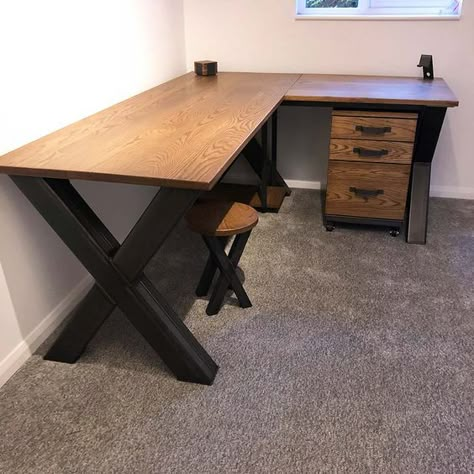 Remington Desk – Russell Oak & Steel Steel Office Desk, Steel And Wood Desk, Metal Desk Ideas, Corner Desk With Storage, Diy Desks, Wooden Computer Desk, Desk Build, Diy Corner Desk, Industrial Office Desk