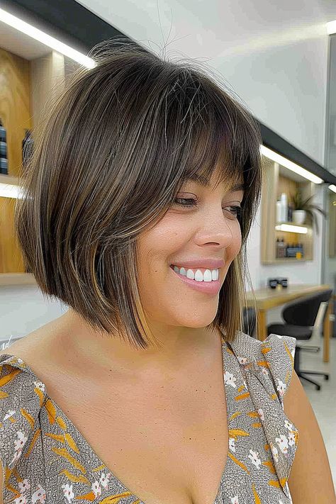 A-line bob haircut with feathered bangs offering a soft and modern look Bob With Feathered Bangs, Inverted Bob With Bangs, A Line Bob With Bangs, Bob Haircuts With Bangs, A Line Bob, A Line Bobs, Best Bobs, Feathered Bangs, Best Bob Haircuts