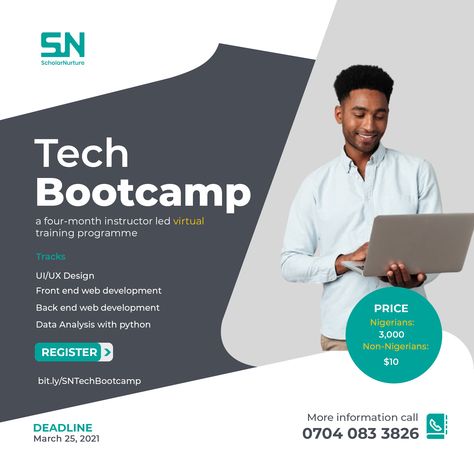 A tech bootcamp for begineers in UI/UX Design, Front end web development, back end web development and Data Analysis with python Tech Bootcamp, Front End Web Development, Coding Bootcamp, Data Analysis, Front End, Ui Ux Design, Ux Design, Training Programs, Python