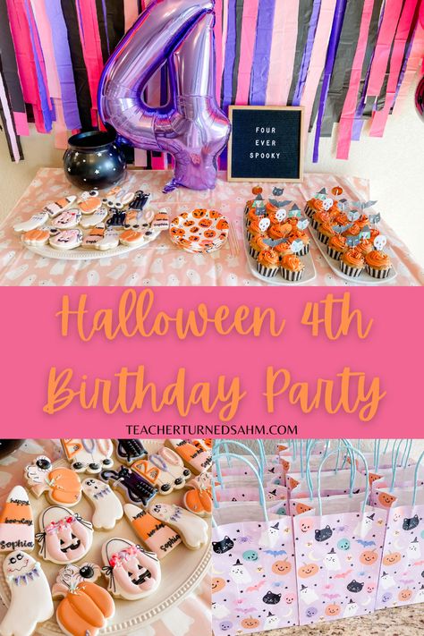 My 4 year old wanted a Halloween party and it was a big success! I loved how it all turned out! Four Ever Spooky, 4 Year Girl Birthday Party Ideas, Halloween 4th Birthday Party, 4 Year Birthday Party Ideas Girl, Halloween Themed Birthday Party, Family Dress, 4th Birthday Party, Girls Birthday Party Themes, Halloween 4