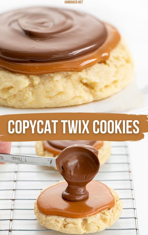 A close up image of a twix cookie, and a second image of twix cookie on a wire rack, the chocolate layer is being poured on top of the caramel layer. Crumbl Cookie Twix Copycat, Copycat Twix Crumbl Cookies, Twix Crumble Cookie Copycat Recipe, Crumbl Twix Cookie Recipe, Cocoa Aesthetic, Soft Butter Cookies, Xl Cookies, Fancy Cookie Recipes, Twix Candy Bar