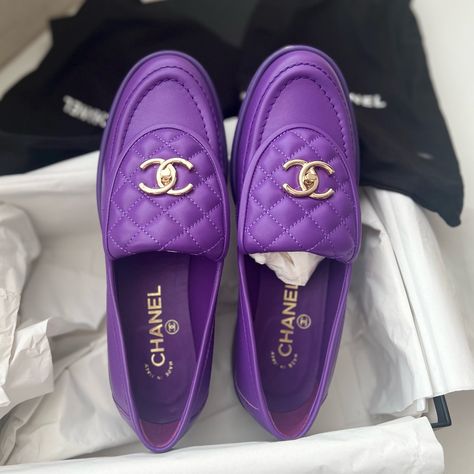 Authentic Chanel Lambskin Quilted Cc Turnlock Loafers. These Stylish Shoes Are Crafted Of Lambskin Leather In Purple And Feature A Gold Chanel Cc Logo. Comes With Box And 2 Dust Bags. Brand New. Lambskin Is Extremely Delicate. Slight Wrinkle On The Leather Under The Flaps And By Ankle On Left Side Of Right Shoe. Came Like This From The Brand. Tags: Loafers, Street Style, Limited Edition, Classic, Chic, Trendy Yet Elegant! *****Final Sale*****Sold As Is*****No Cancellation***** 100% Authentic. Wi Purple Chanel Aesthetic, Luxury Purple Sneakers, Luxury Classic Purple Bag, Purple Chanel Shoes, Purple Lifestyle, Loafers Street Style, Purple Chanel, Lavender Chanel Bag, Pink Ballet Flats