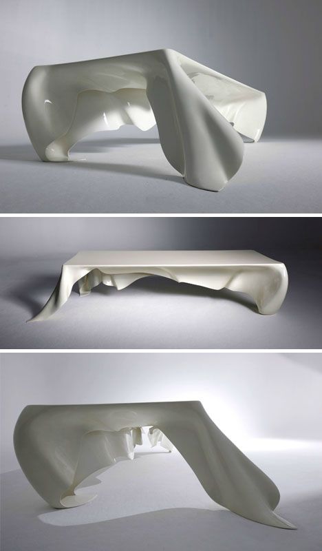 Floating tablecloth table by Graft Architects. Made from 6mm thick fiberglass. Ghost Table, Gather Round, Futuristic Furniture, Funky Furniture, Creative Furniture, Cheap Furniture, Furniture Inspiration, Interior Furniture, Unique Furniture